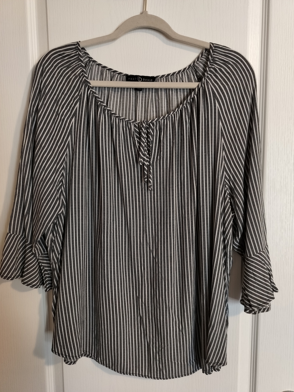 Fred David Black and White Vertical Stripe Peasant Blouse